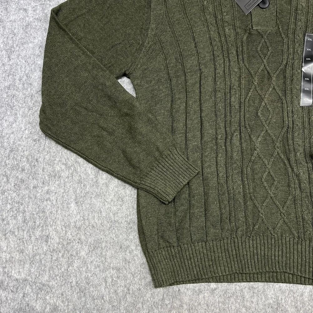 Tricots St Raphael Sweater Mens 2XL Green Cable Knit‎ Mock Neck Button Pullover